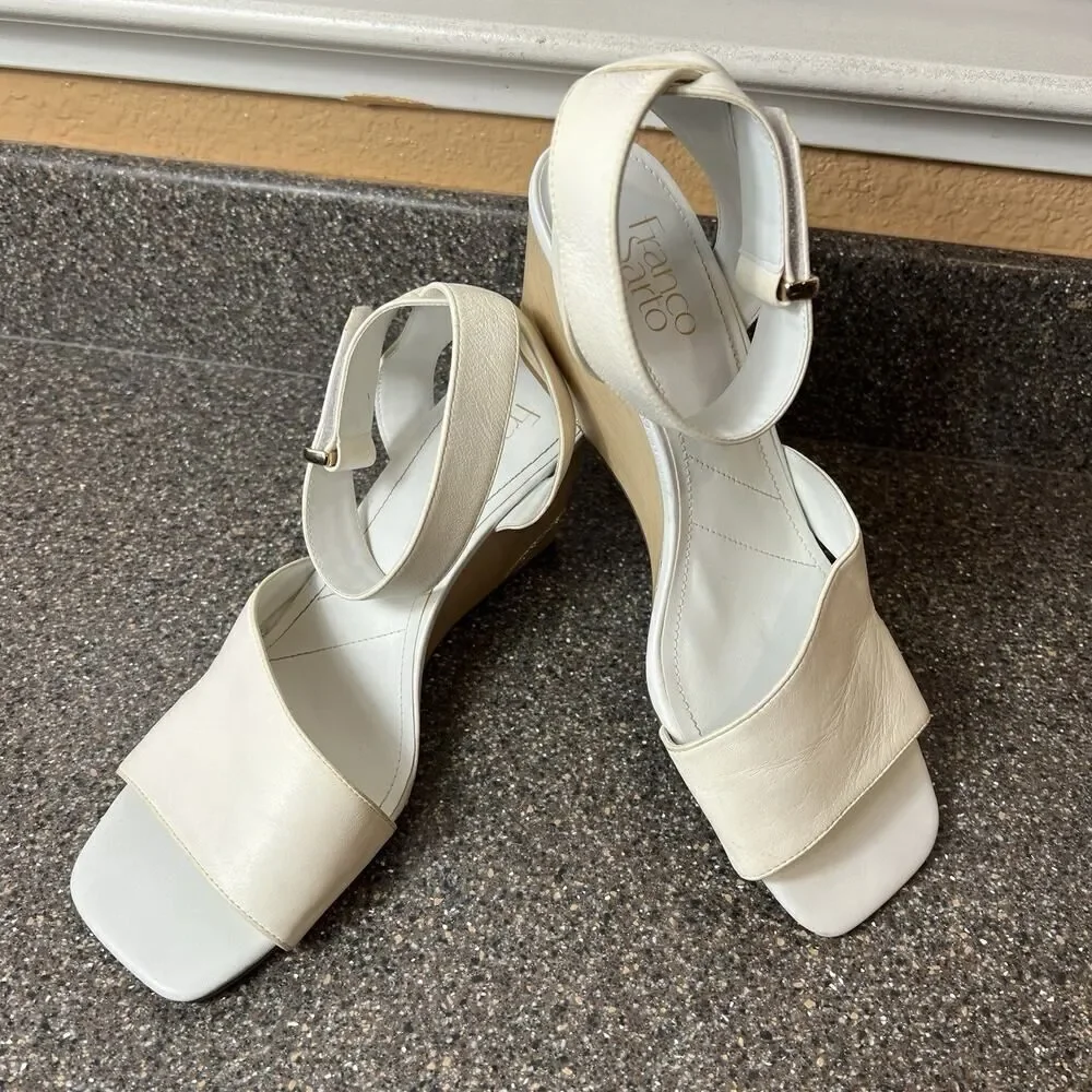 Franco Sarto White Leather Wedge Sandals Women's Size 10 M Open Toe Ankle Straps